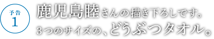 鹿児島睦さんの描き下ろしです。３つのサイズの、どうぶつタオル。