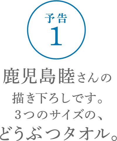 鹿児島睦さんの描き下ろしです。３つのサイズの、どうぶつタオル。