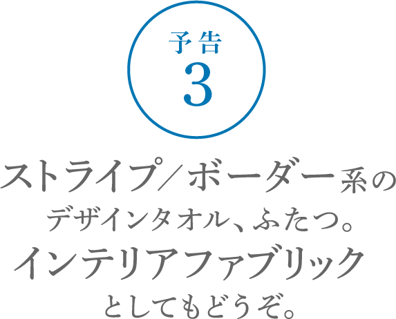 ストライプ／ボーダー系のデザインタオル、ふたつ。インテリアファブリックとしてもどうぞ。