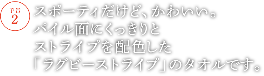 【予告２】スポーティだけど、かわいい。パイル面にくっきりとストライプを配色した「ラグビーストライプ」のタオルです。