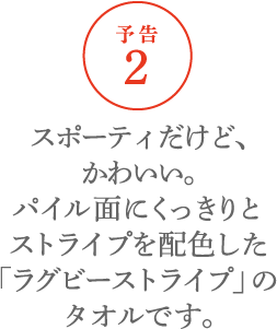 【予告２】スポーティだけど、かわいい。パイル面にくっきりとストライプを配色した「ラグビーストライプ」のタオルです。