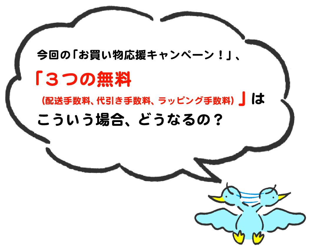 今回の「お買い物応援キャンペーン！」、「３つの無料（配送手数料、代引き手数料、ラッピング手数料）」はこういう場合、どうなるの？